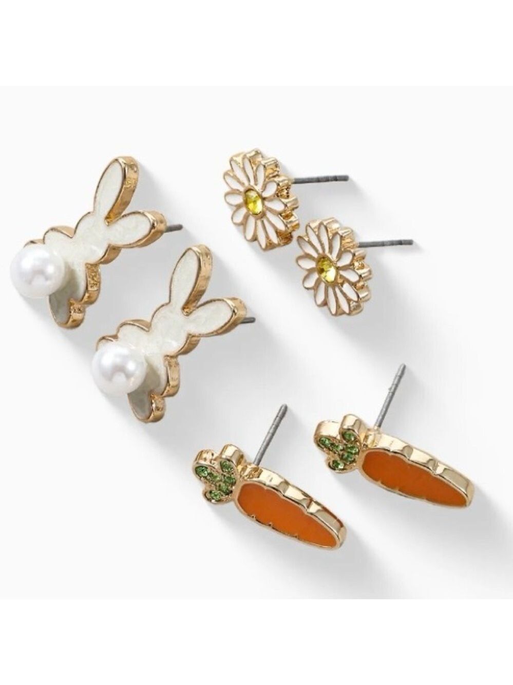 ๐ฐWay to Celebrate Easter Stud Earrings Set- Bunny, Carrot, Daisy Goldtone Set - Picture 2 of 8